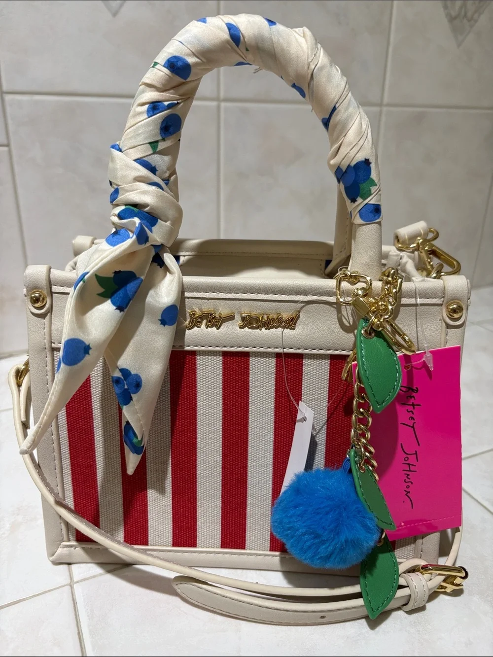 Betsey Johnson Cream and Red Striped Top-Handle Satchel with Blueberry Pom Charm